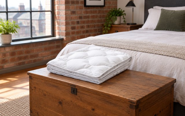 Duvet, folded on a wooden blanket box at the foot of a bed in a British loft bedroom