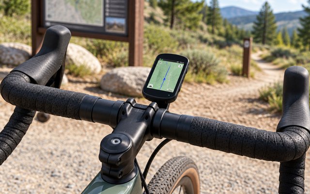 Garmin Edge 840 bike computer, mounted on the stem of a gravel bike parked at a trailhead