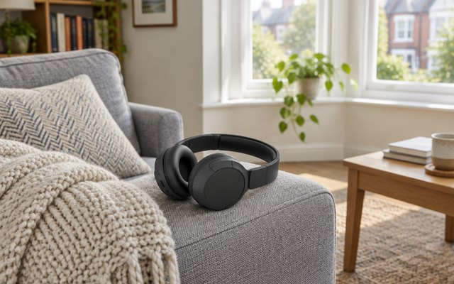 On-ear headphones, resting on the arm of a grey sofa