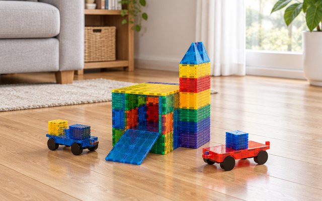 cossy magnetic tiles with cars, on a living room hardwood floor