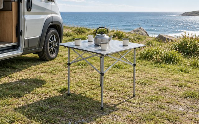 Trail roll-top camping table, set up on the pitch beside a campervan at a seaside campsite, a teapot and four cups on it