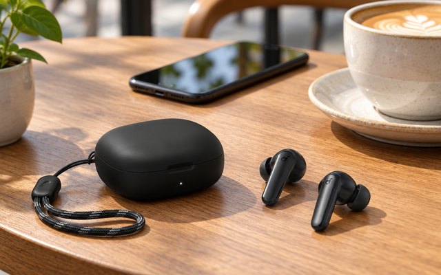 soundcore P20i by Anker True Wireless Earbuds, earbuds and their case on a cafe table beside a coffee cup and a phone, daylight