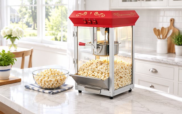 VEVOR countertop popcorn machine full of popcorn, on a bright kitchen counter beside a bowl of popcorn