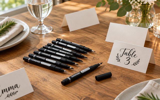 PANDAFLY lettering pens, on a wooden dining table beside blank place cards for a dinner party
