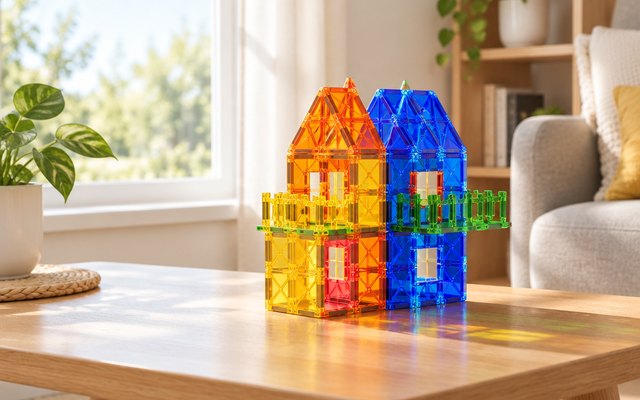 Coodoo magnetic tiles, a little two-storey house with balconies built from the tiles on a low wooden table by a sunny window