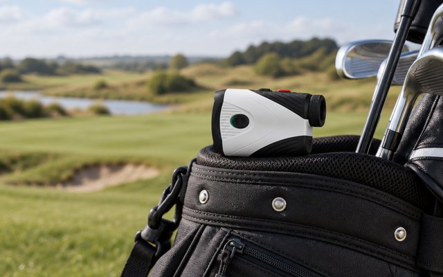 REDTIGER golf rangefinder, resting on top of a golf bag on a British parkland course