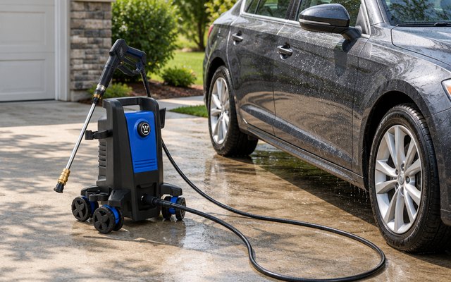 Electric pressure washer, on a concrete driveway beside a sedan, its hose and spray wand ready