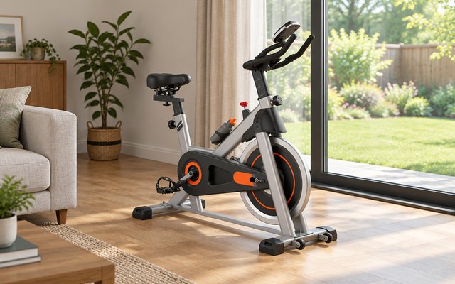 YOSUDA exercise bike, in a living room facing a window that looks out on a backyard