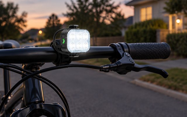 Zewdov Ultra-Slim Bike Light Set, bike light mounted on a bicycle parked on a quiet residential street at dusk, light glowing softly