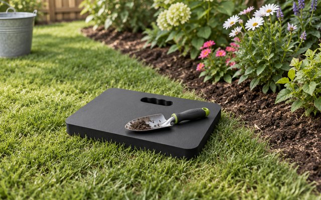 Extra thick kneeling pad, on the grass beside a flower bed in an American backyard, a hand trowel resting on it