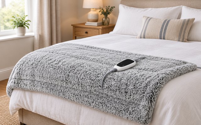 Charcoal sherpa heated throw spread across the foot of a bed in a cozy guest bedroom