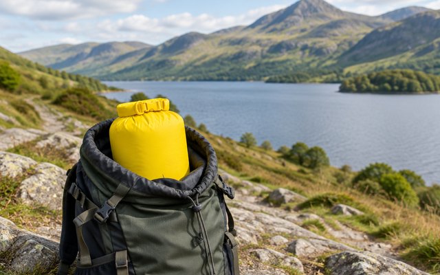 Sea to Summit dry bag, packed at the top of an open rucksack on a rocky path in the Lake District, a lake behind