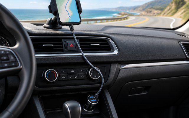 LISEN mini car charger, plugged into the socket below the dashboard, the cable running up to a phone in a dash mount, a seaside road ahead