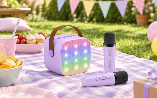 Lilac mini karaoke speaker and microphones at a garden party