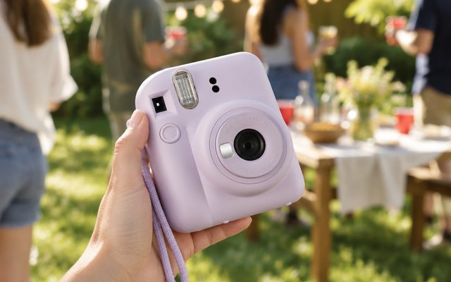 instax mini 12 Instant Camera, lilac instant camera held loosely in a hand at a sunny backyard party, string lights and friends blurred behind, hand only
