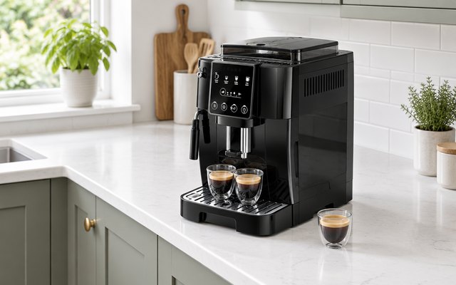 De'Longhi Magnifica Start coffee machine, on a white quartz worktop in a modern British kitchen, a small cup of espresso beside it