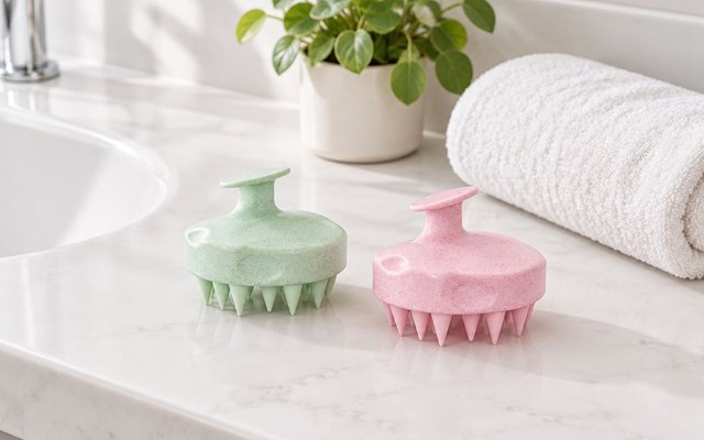 A green and a pink shampoo brush on a bathroom counter by a rolled towel