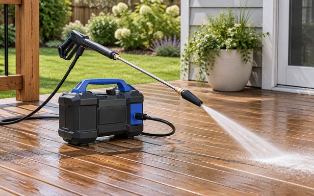 Handheld electric pressure washer, on a wooden backyard deck, its wand attached