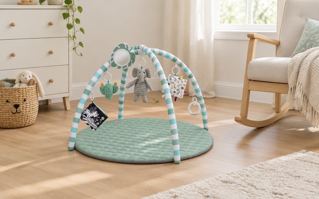Blissful Diary baby play gym, in a calm neutral nursery on a wooden floor beside a rocking chair
