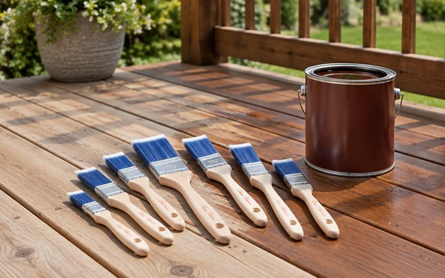 Bates paint brush set, on the boards of a backyard deck beside a can of deck stain