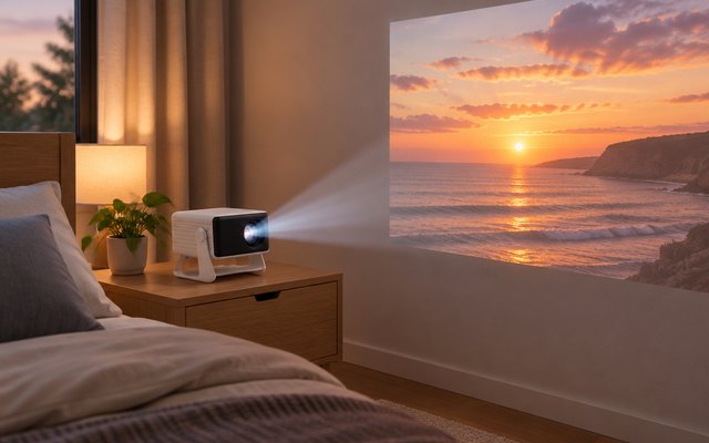 Yoton Y3 mini projector, on a bedside table in a bedroom, projecting a sunset picture onto the wall