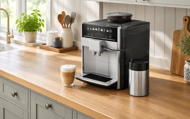 Siemens EQ6 plus s300 coffee machine, on an oak worktop in a Shaker-style kitchen, a latte in a glass beside it