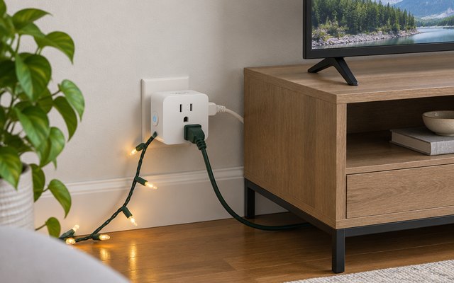 Tapo P125M Matter Smart Plug Mini, in a wall outlet behind a TV stand with string lights plugged in