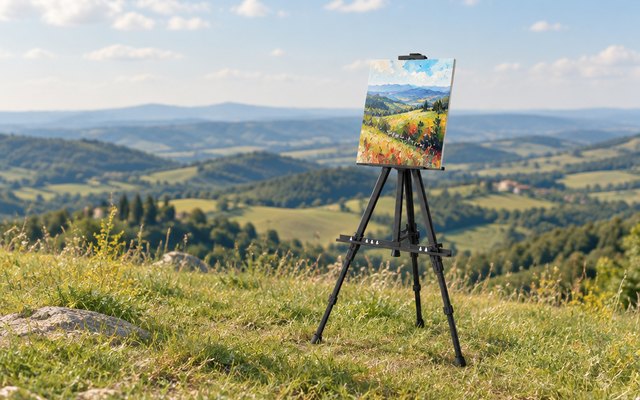 abitcha tripod easel, on a grassy hilltop with a small canvas on it, rolling hills behind