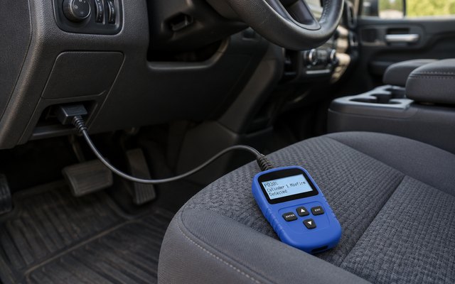 Handheld OBD2 code reader, on the driver's seat of a pickup truck, its cable plugged into the port under the dash, screen showing a plain simple reading