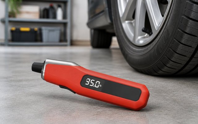 Red digital tire gauge on a garage floor near a car’s front tire