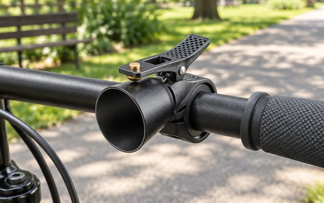 ROCKBROS Loud Classic Bike Bell, classic bike bell clamped on the straight handlebar of a city bicycle, close to the rubber grip, the bike parked by a sunny par