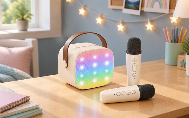 YLL mini karaoke machine, on a kid's bedroom desk with string lights on the wall
