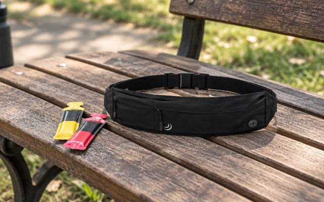 Waterfly running belt, laid on a park bench with a couple of energy gels beside it