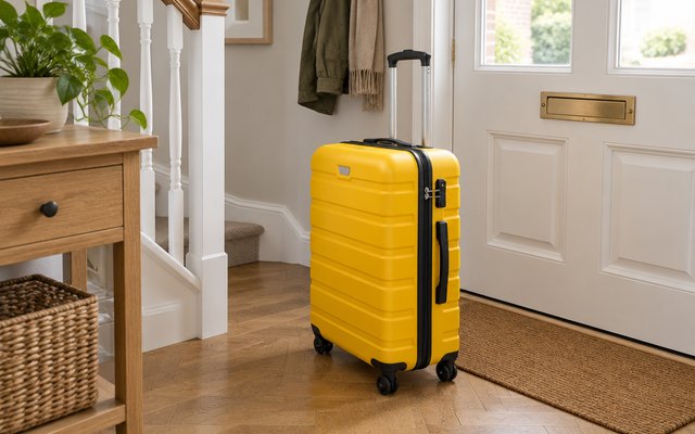 COOLIFE large suitcase, standing upright in a British hallway by the front door, ready for a holiday