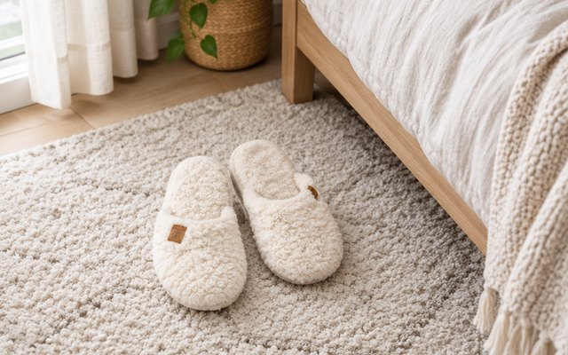 EverFoams fluffy slippers, side by side on a soft rug beside a bed