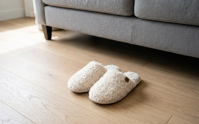 Cream fluffy slip-on slippers on a light wood floor in front of a grey sofa
