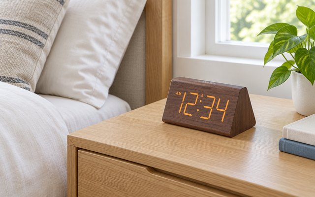 Wooden digital alarm clock, on a white oak nightstand beside a neatly made bed in a bright American bedroom, its display showing the time