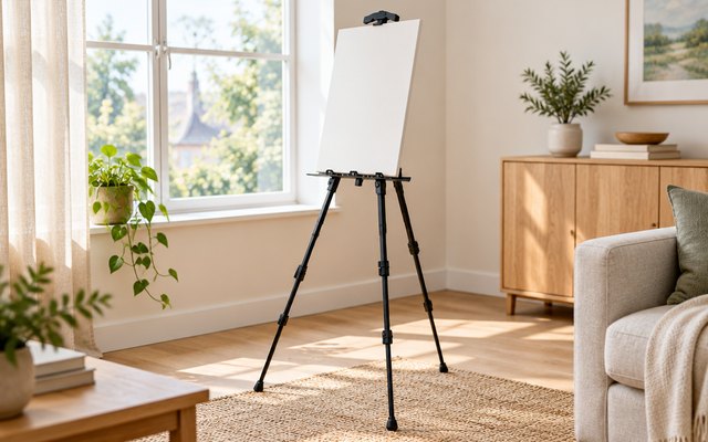 NS JYMB tripod easel, in a bright living room by a window with a blank canvas on it