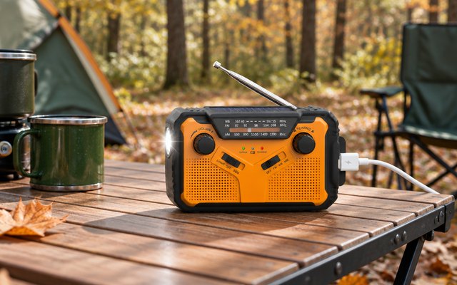 PRUNUS J-369 weather radio, on a camp table at a wooded campsite in fall