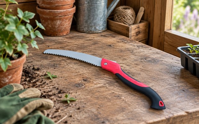 WEIMELTOY folding saw, on a potting bench in a garden shed