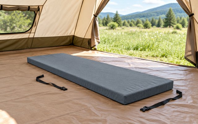 CYMULA memory foam camping mattress, unrolled flat inside a canvas tent with the door open onto a green meadow