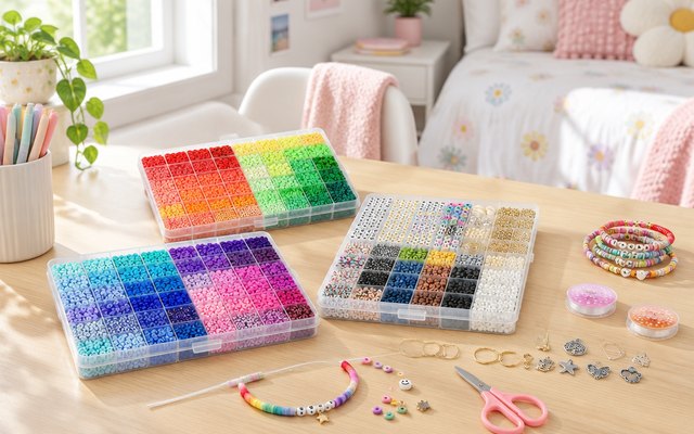 Clay bead bracelet kit cases, on a desk in a bright girl's bedroom, a half-strung bracelet beside them