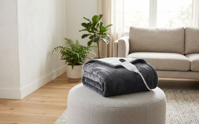Grey heated throw folded on a round ottoman in a bright living room, its controller on top