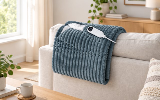 Bedsure heated throw, folded over the back of a linen sofa in a bright modern living room