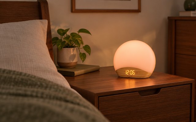 REACHER wood grain sunrise alarm clock, on a walnut nightstand in a mid-century style bedroom