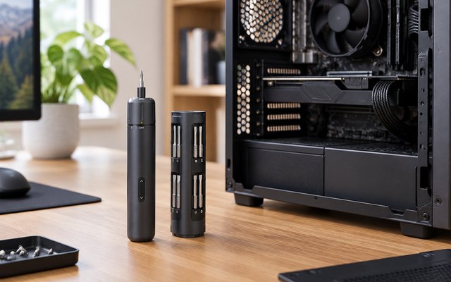 Fanttik S1 Pro electric screwdriver, on a desk beside an open computer case in a home office
