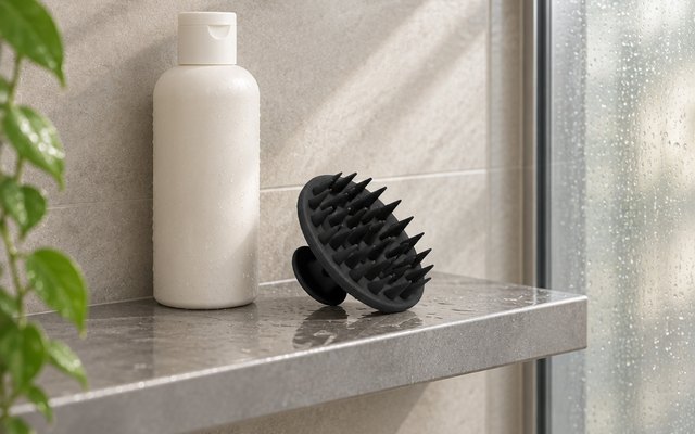 Meartchy scalp massager, on a shower shelf beside a bottle of shampoo with no label