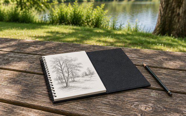 String & Space A5 sketchbook, lying open with a loose pencil sketch of trees on its page, on a wooden picnic table in a British park, a pencil beside it
