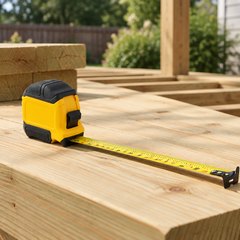 DEWALT Atomic 30 ft tape measure, on freshly cut boards on a backyard deck being built
