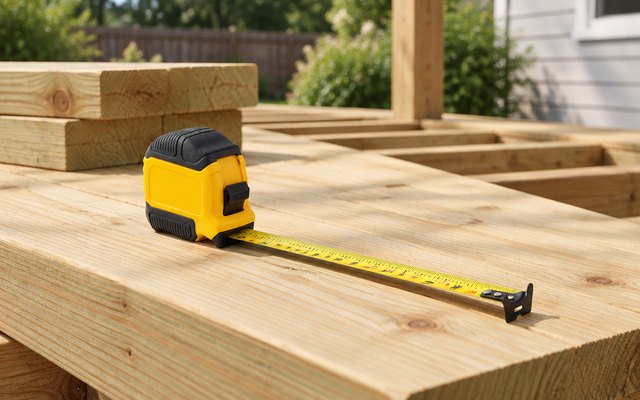 DEWALT Atomic 30 ft tape measure, on freshly cut boards on a backyard deck being built